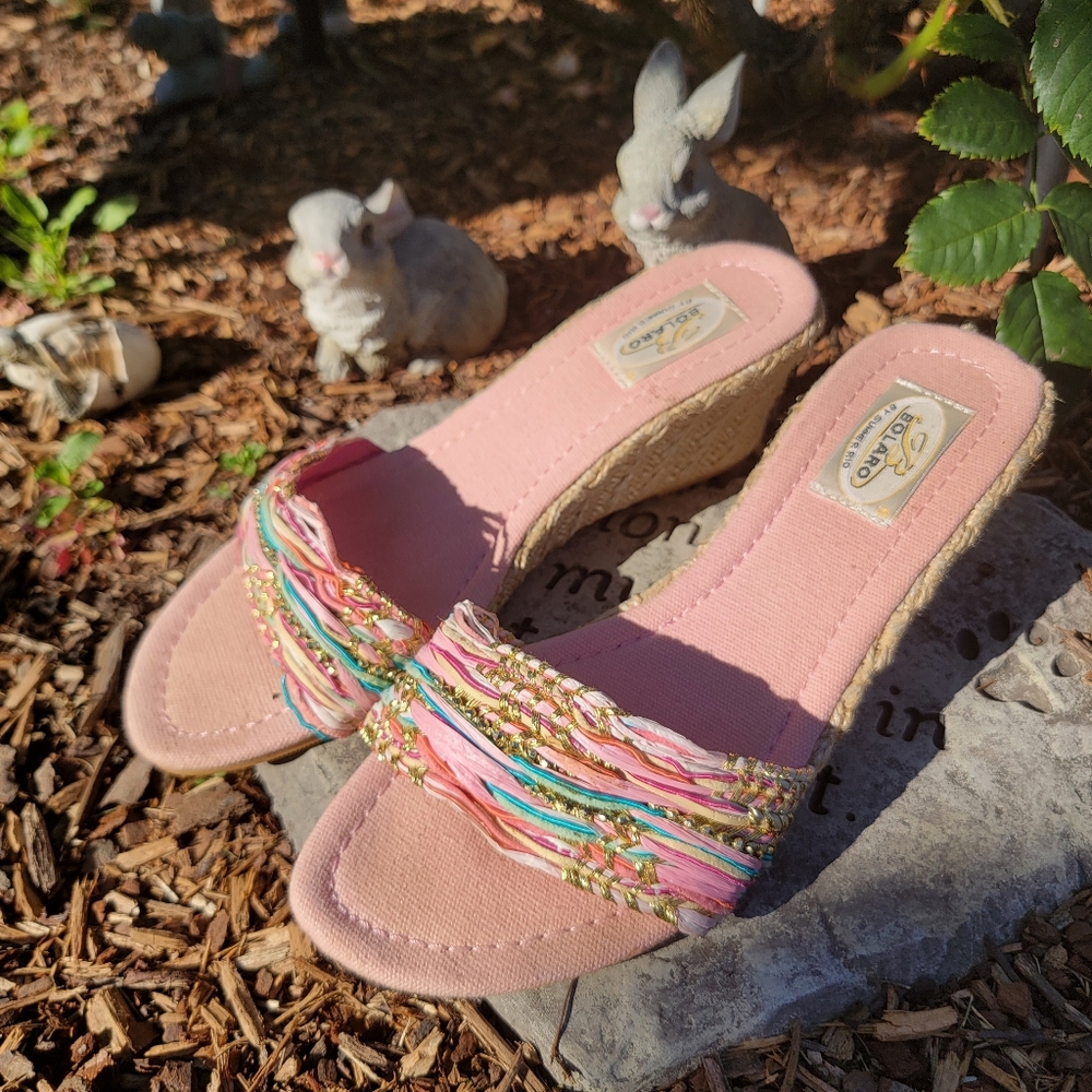 BALARO by SUMMER RIO ♡ Pink Multi Color Weaved Slip On Wedge Heel Sandals 7.5